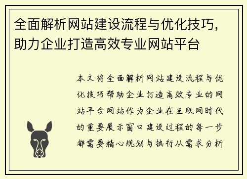 全面解析网站建设流程与优化技巧，助力企业打造高效专业网站平台